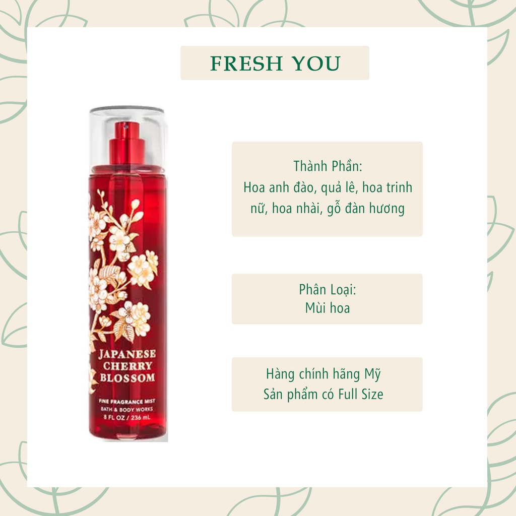 Japanese Cherry Blossom - Full Size Xịt Thơm Toàn Thân Bath & Body Works (Body Mist, Lotion, Sữa tắm) - Hoa