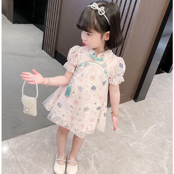 Đầm Sườn Xám Tay Ngắn Phối Ren Lưới Thời Trang Mùa Hè Xinh Xắn Cho Bé Gái