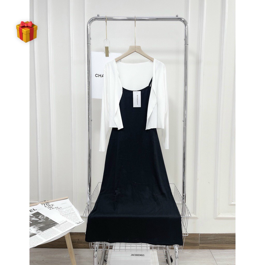 Sét đầm 2 dây dáng dài xòe trơn kèm áo khoác ngoài nhẹ cực hot , chất thun gân mềm mát