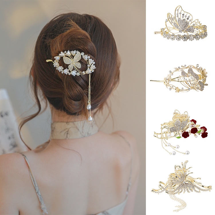 Kẹp tóc HAIMEIKANG kim loại hình bướm đính đá phong cách retro độc đáo