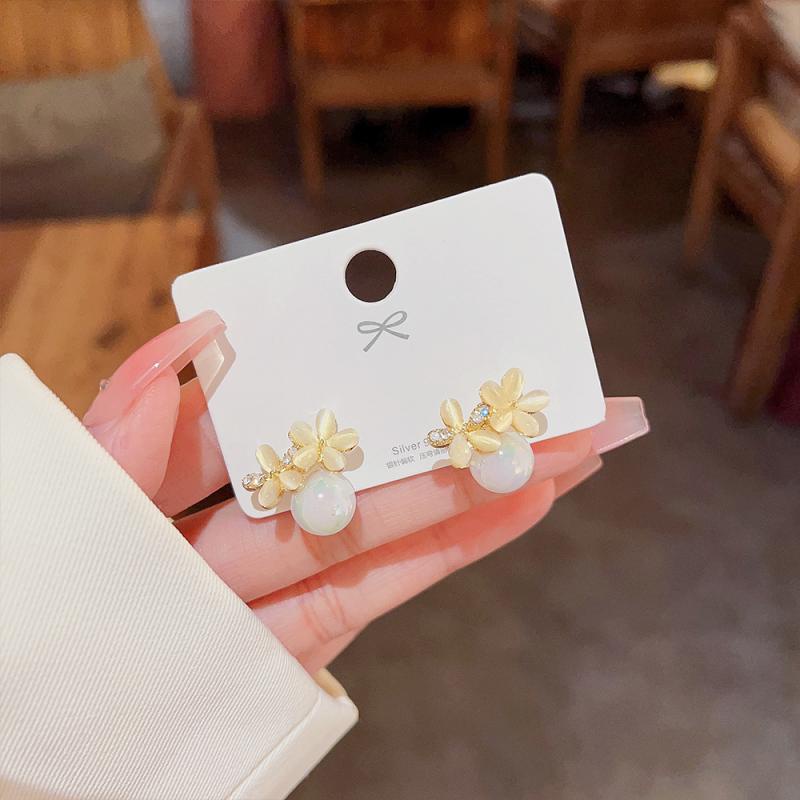 XiaoboACC Bông Tai Mạ Bạc 925 Hình Hoa Đính Ngọc Trai Thời Trang Hàn Quốc