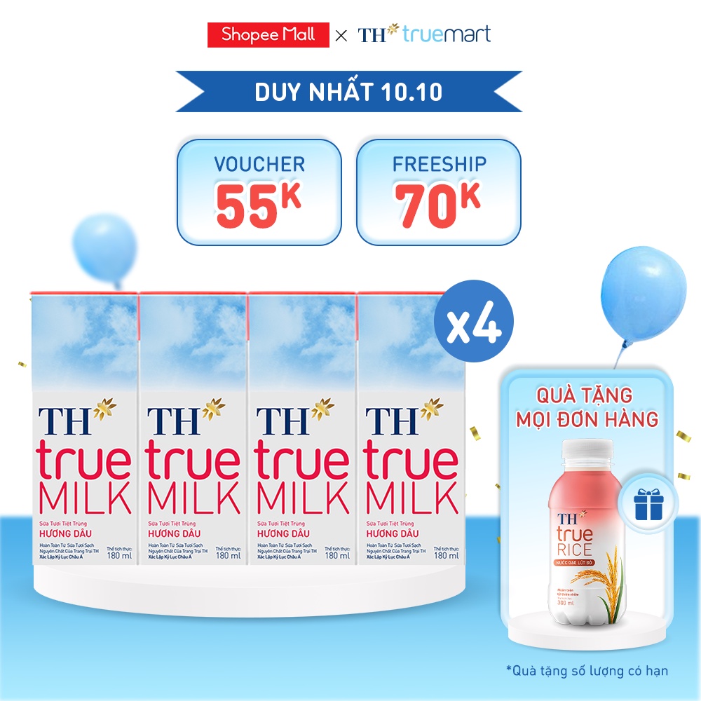 4 Lốc sữa tươi tiệt trùng hương dâu TH True Milk 180ml 180ml x 4 hộp