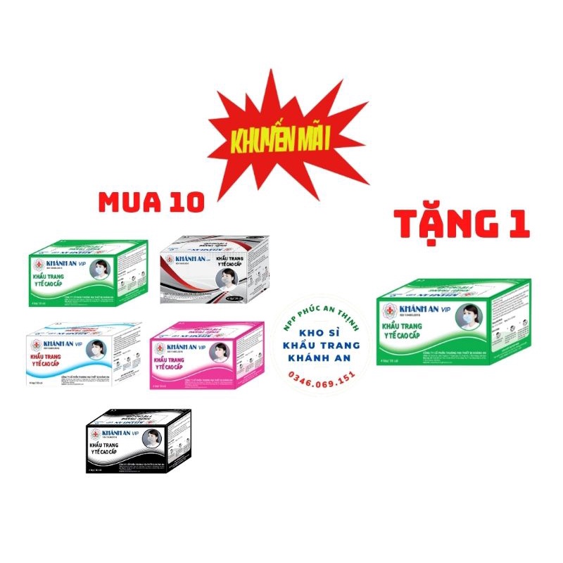 {GIÁ TẬN GỐC} 10 hộp Khẩu Trang Y Tế VIP 4 Lớp Khánh An - Tặng kèm 1 HỘP cùng loại ( xanh, xám, trắng, hồng, đen)