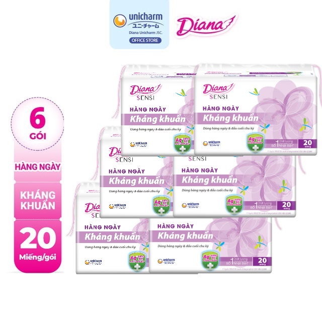 Bộ 6 gói Băng vệ sinh Diana hàng ngày Sensi kháng khuẩn gói 20 miếng