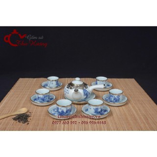 bộ ấm chén Bát Tràng_Bộ bình trà quai ngang men Lam Cổ bọc đồng