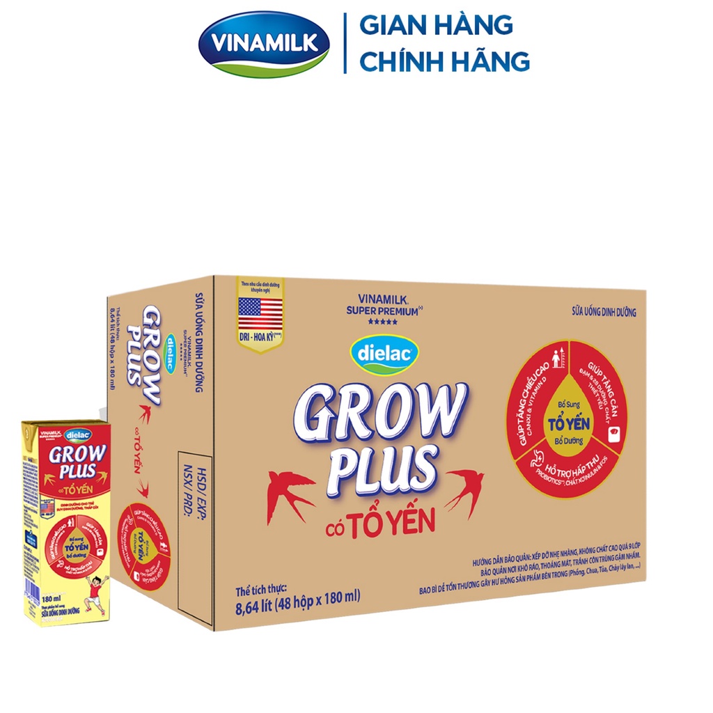 Thùng 48 Hộp Sữa Bột Pha Sẵn Vinamilk Dielac Grow Plus Có Tổ Yến 180ml/hộp - Sữa Hỗ Trợ Trẻ Suy Dinh Dưỡng, Thấp Còi
