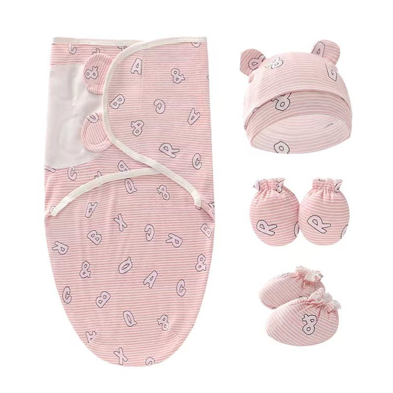 Set 4 Món Gồm Khăn Quấn + Mũ + Găng Tay + Vớ Cotton Cho Bé Sơ Sinh 0-6 Tháng