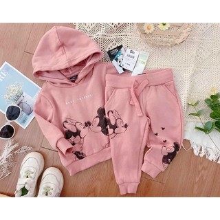 Bộ nỉ micky có mũ màu hồng cho bé gái