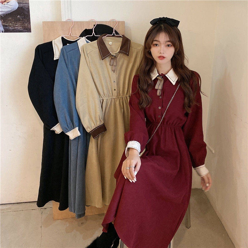 Váy babydoll Đầm Chữ A Tay Dài Ôm Eo Màu Sắc Tương Phản Phong Cách Pháp Cổ Điển Thời Trang Mùa Đông 2020 Cho Nữ