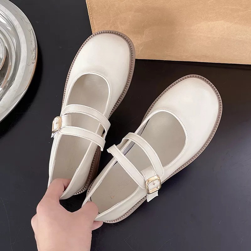 Giày búp bê lolita đế bằng 2 dây phối khóa chất da mềm lên chân xinh xắn mã TTK16