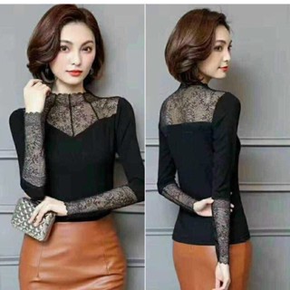 Áo giữ nhiệt nữ len tăm lót lông phối ren siêu ấm Hàn Quốc