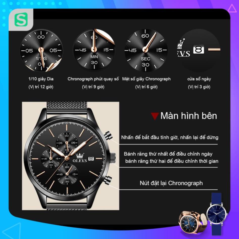 Đồng hồ nam chính hãng OLEVS 2881 Lịch dây đeo bằng thép không gỉ Có chức năng phát sáng chống thấm nước