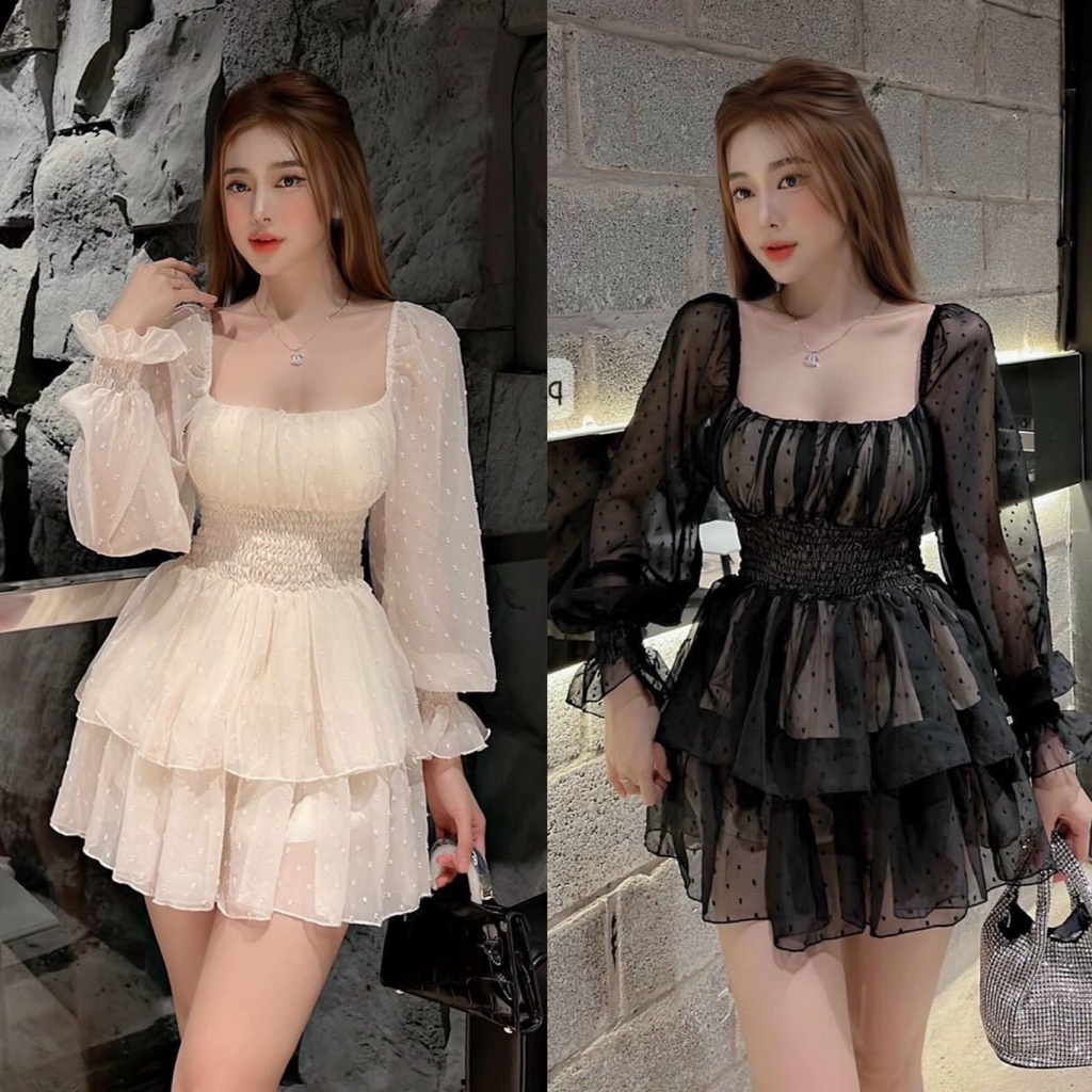 Đầm Váy Nữ Chất Lưới Chấm Bi Kèm Lót Trong Dài Tay ( Có Mút Ngực ) Thời Trang Kiểu Cách Đi Chơi, Đi Dự Tiệc Hoặc Công Sở