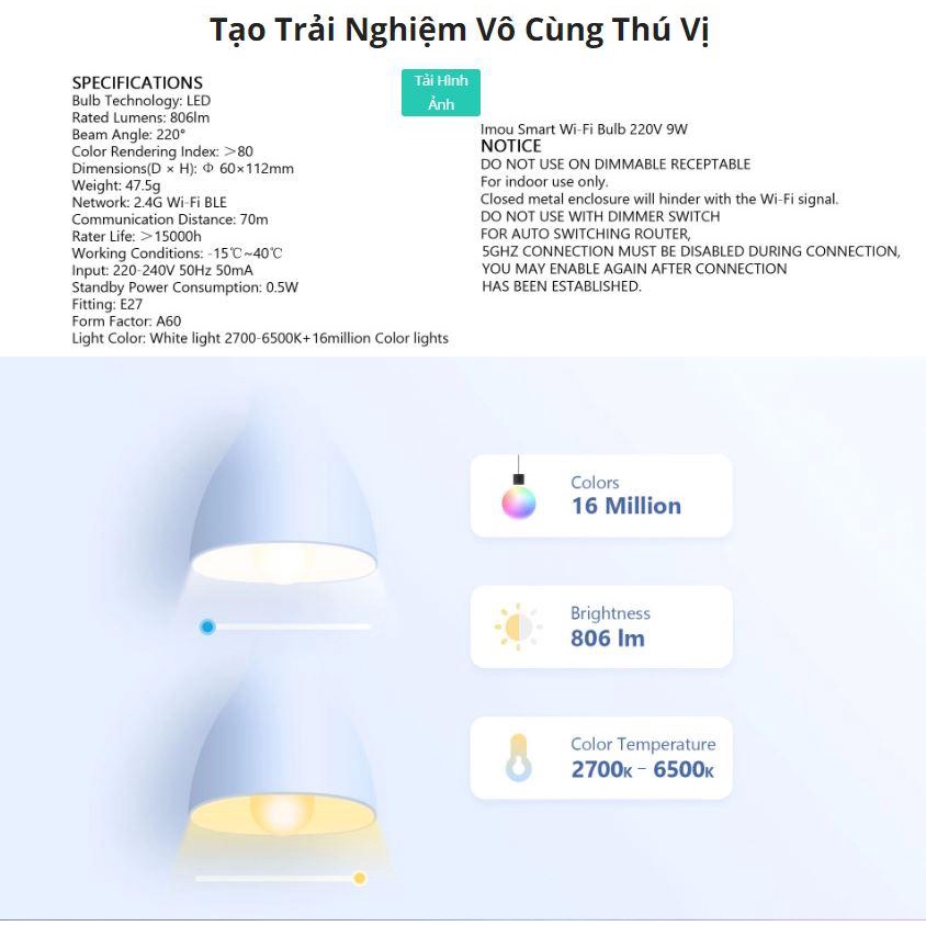 Bóng đèn Led thông minh imou CL1-B5-E27 16 triệu màu, bật tắt chỉnh màu qua app, tùy chọn bối cảnh, bảo vệ mắt