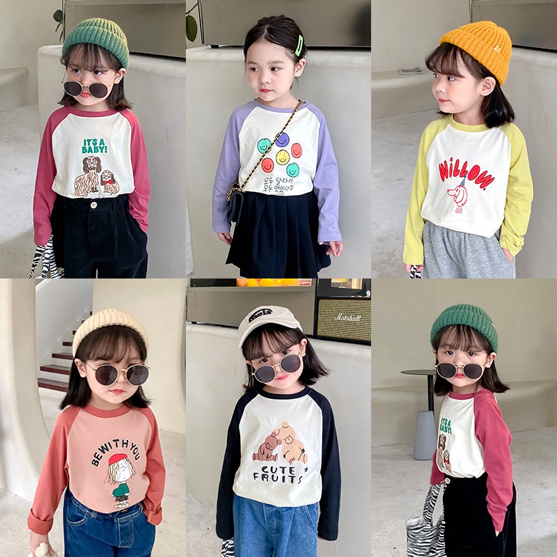 Áo Thun Tay Dài Cổ Tròn In Họa Tiết Hoạt Hình Phong Cách Hàn Quốc Thời Trang Xuân Thu Cho Bé Gái