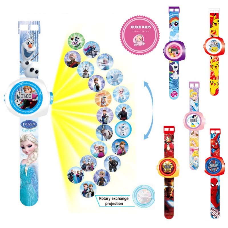 Đồng hồ trẻ em, đồng hồ chiếu hình cho bé trai và bé gái từ 3 đến 10 tuổi Elsa, Siêu nhân, Ngựa Pony, Pikachu, Ironman