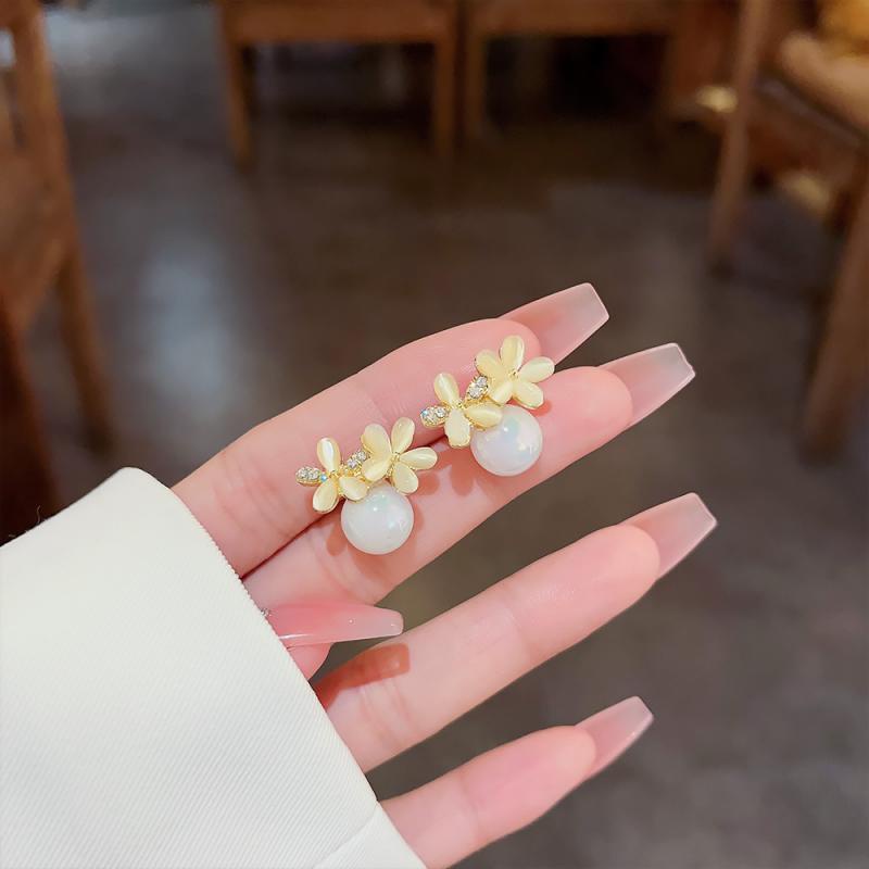 XiaoboACC Bông Tai Mạ Bạc 925 Hình Hoa Đính Ngọc Trai Thời Trang Hàn Quốc