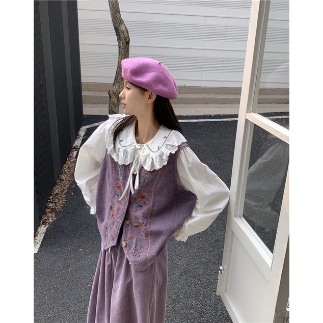 Set áo vest gile thêu vải nhung + chân váy dài + áo sơ mi dành cho nữ