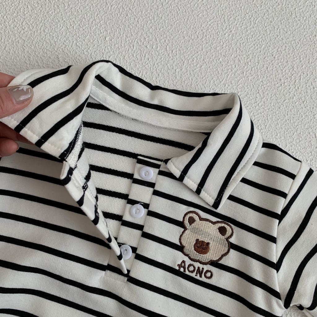 Áo liền quần tay dài họa tiết kẻ sọc in hình gấu kiểu Hàn Quốc cho bé
