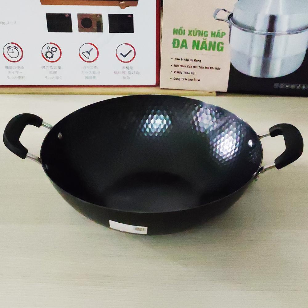 Chảo thép vân kim cương Greencook GCW02 size 32 - 34cm, chống dính tự nhiên, lòng chảo vân dạng kim cương hạn chế trầy