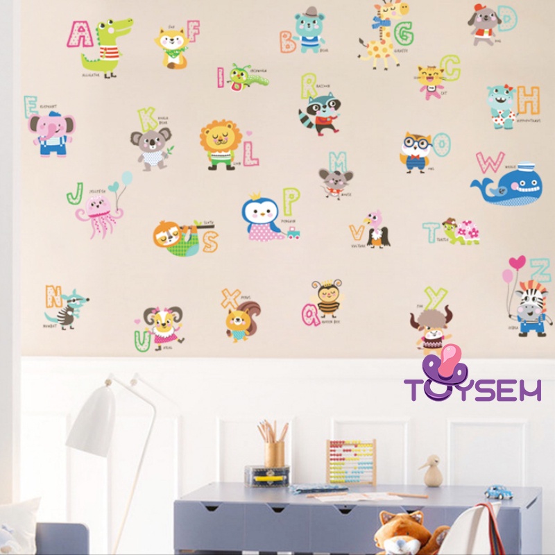 Decal trang trí dán tường gồm 26 chữ cái và các con vật cho bé - quà tặng sinh nhật cho bé