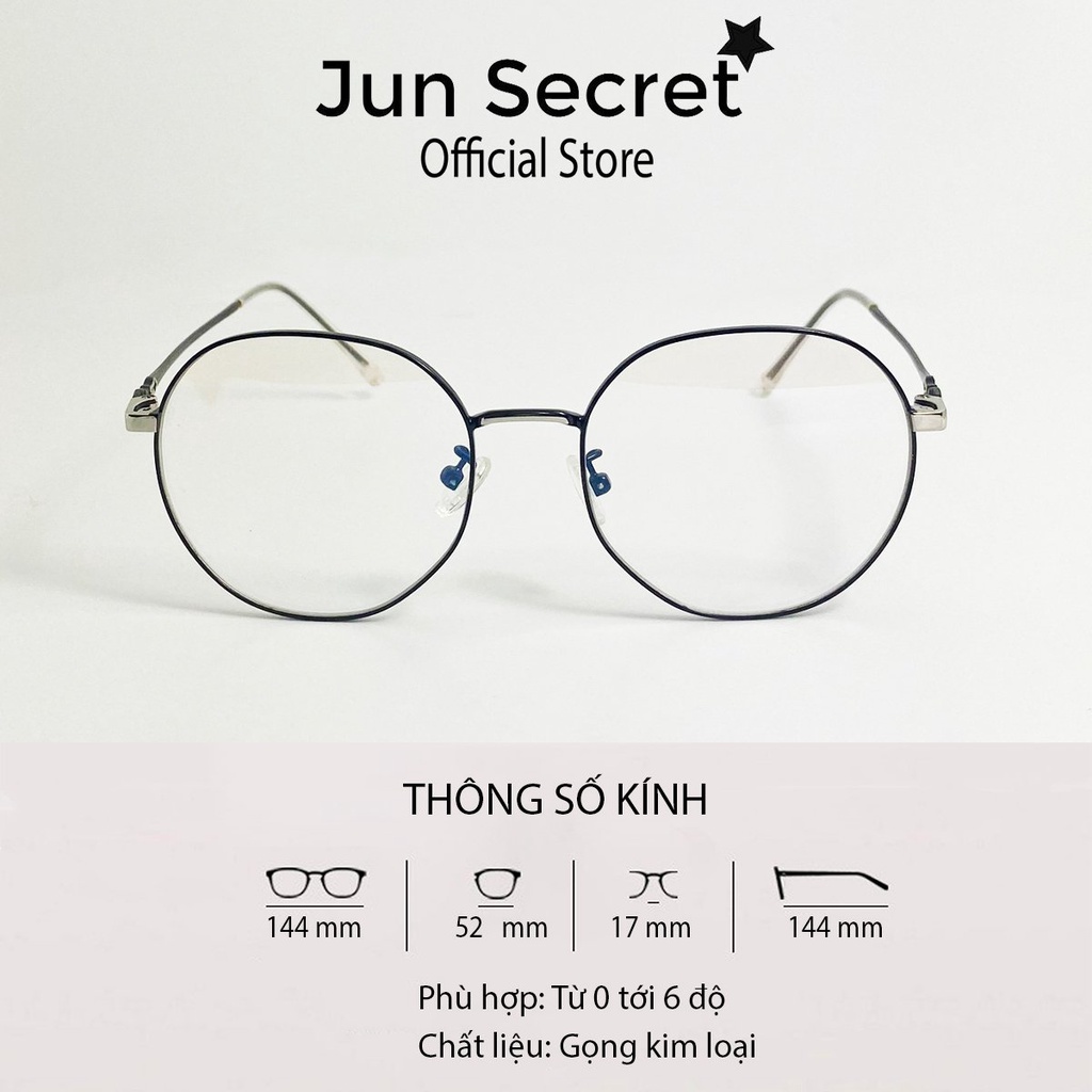 Kính giả cận nam nữ thời trang Jun Secret gọng kim loại, tròng kính 0 độ chống nắng, chống tia UV JS90360