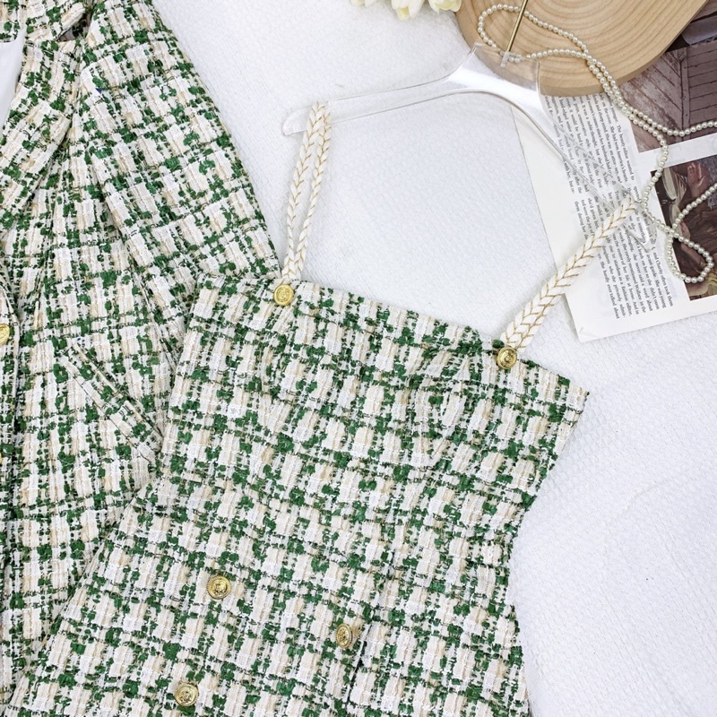 SÉT DẠ TWEED VÁY 2 DÂY KÈM ÁO VEST DÁNG DÀI