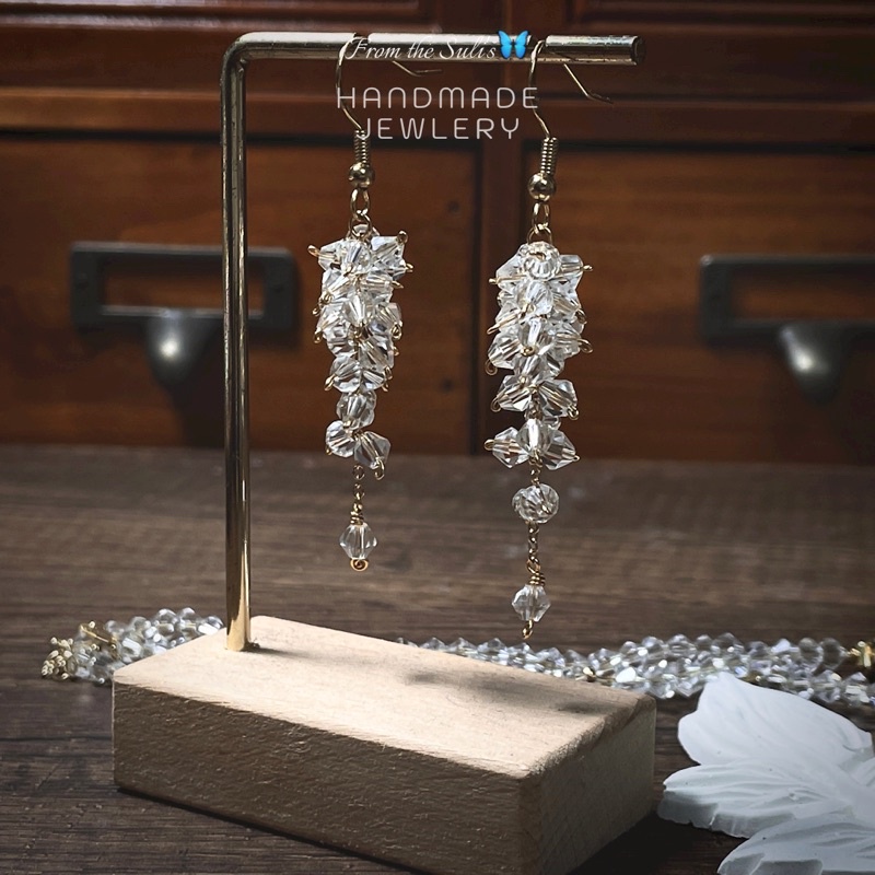 Bộ trang sức hoa tai đính chùm pha lê rơi, lấp lánh