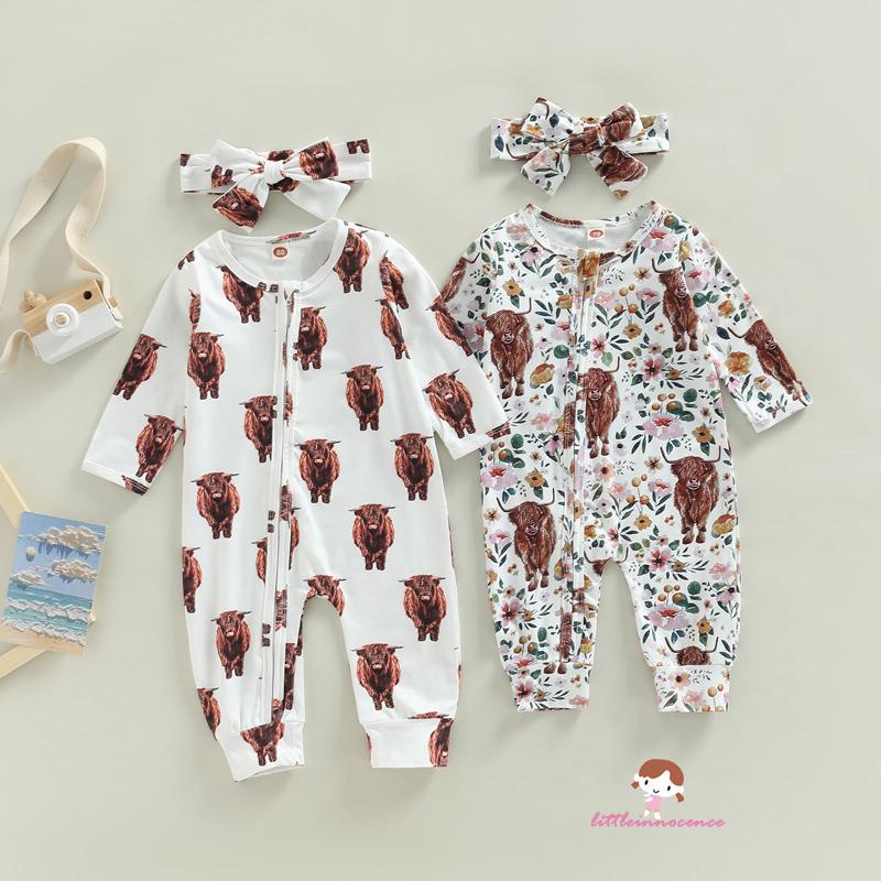 Bộ Áo Liền Quần Tay Dài / Jumpsuit In Hoa Có Khóa Kéo + Băng Đô Cài Tóc Xinh Xắn Cho Bé Gái