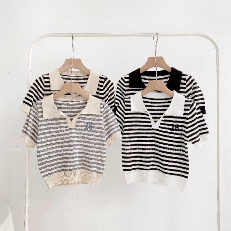 🌱Áo len cộc tay mongtoghi dáng ngắn sọc ngang cổ sơ mi xẻ, eo bo chun, style nhẹ nhàng ulzzang 🌱