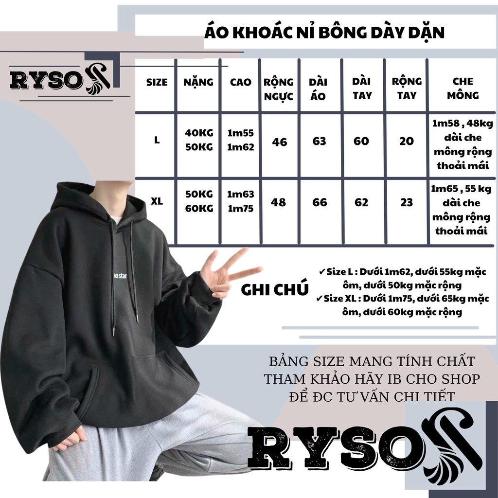 Áo khoác hoodie Ryso chất nỉ bông dày dặn loại 1 nón 2 lớp in chữ mặc cặp nam nữ basic uniex from rộng