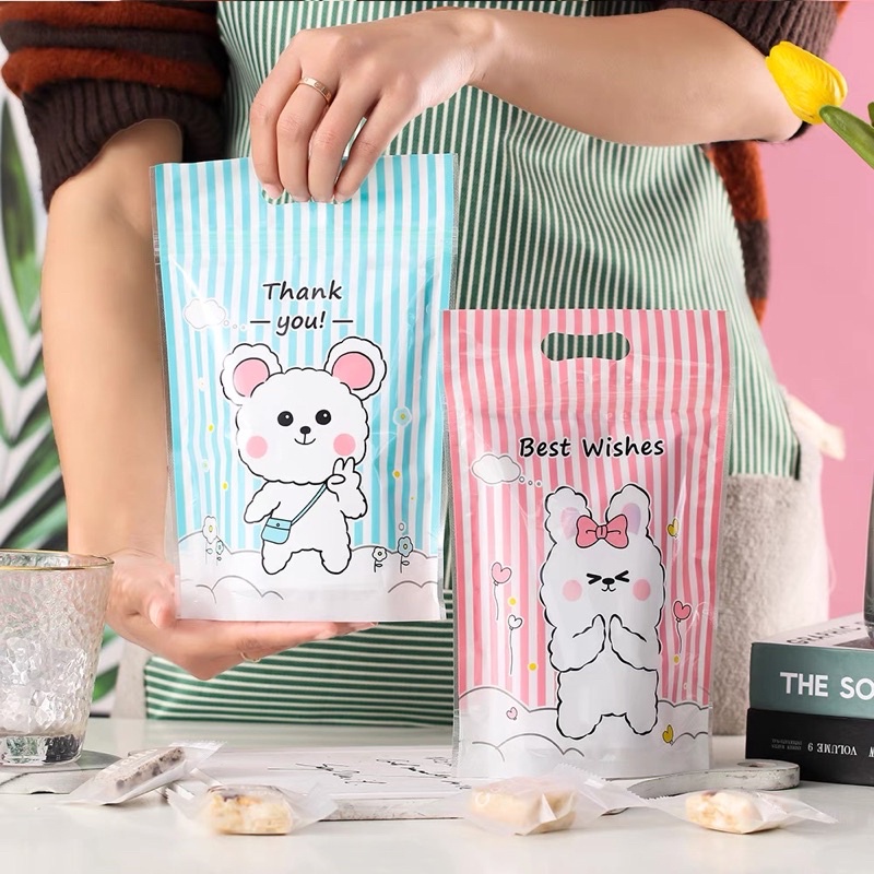 set 50 vỏ túi zip gấu thỏ mẫu kẻ kt 16x23cm đựng bánh kẹo