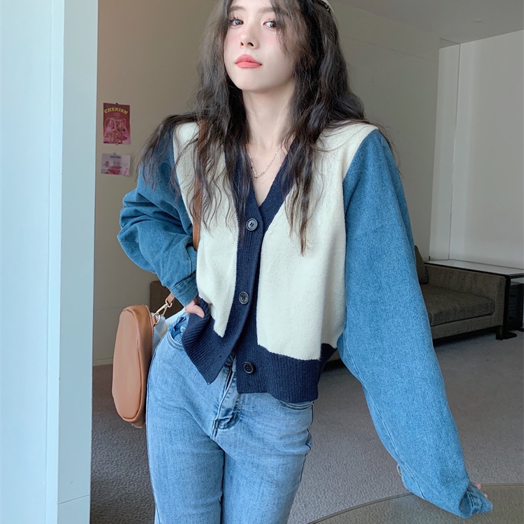 Áo Khoác Cardigan Len Dệt Kim Mỏng Tay Dài Màu Sắc Tương Phản Thời Trang Cho Nữ
