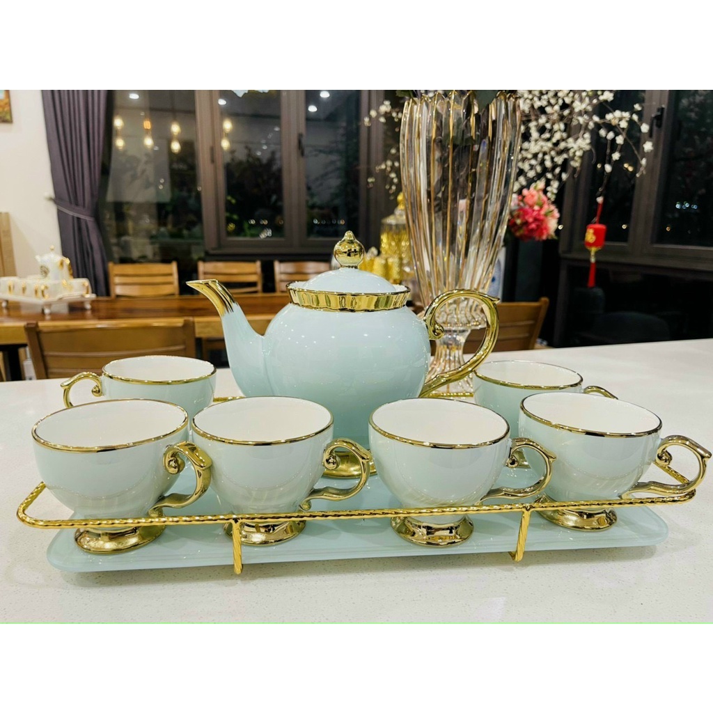 ấm chén xanh mint. bộ tách pha trà màu xanh ngọc. ấm pha trà xanh mint