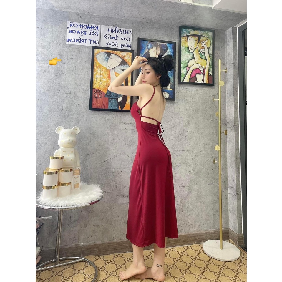 Đầm thun lụa 2 dây dáng xòe hở lưng đan dây cực sexy , chất thun lụa mềm mịn