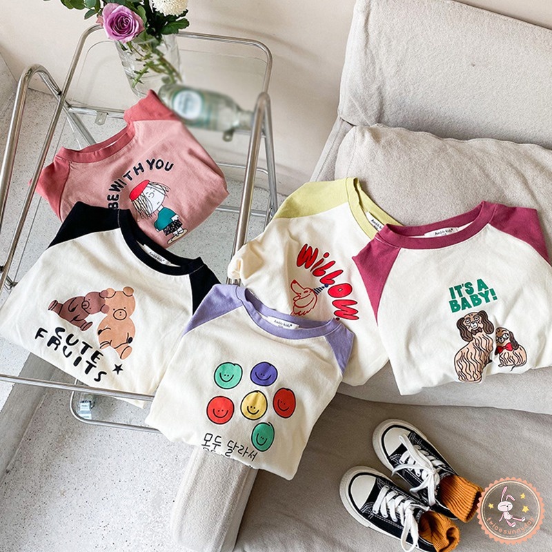 Áo Thun Tay Dài Dáng Rộng In Họa Tiết Hoạt Hình Đơn Giản Thời Trang Cho Bé Gái