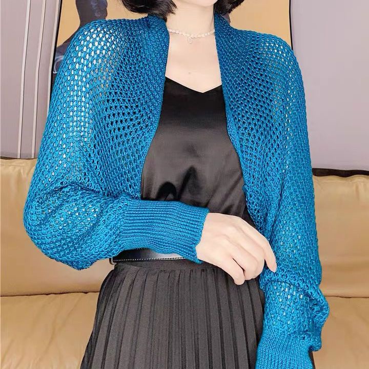Áo Khoác Cardigan Dệt Kim Mỏng Dáng Ngắn Phối Lưới Thời Trang Mùa Hè Cho Nữ