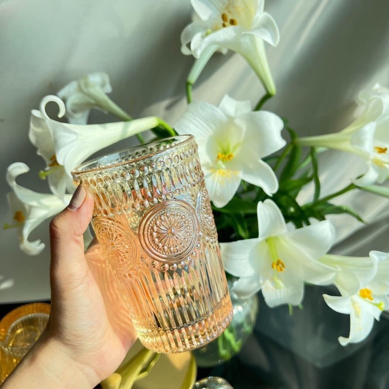 Set 6 Cốc Thuỷ Tinh Mặt Trời Màu Hổ Phách 🌸 Sang Trọng Tinh Tế 🌸 Có Bình Bán Kèm