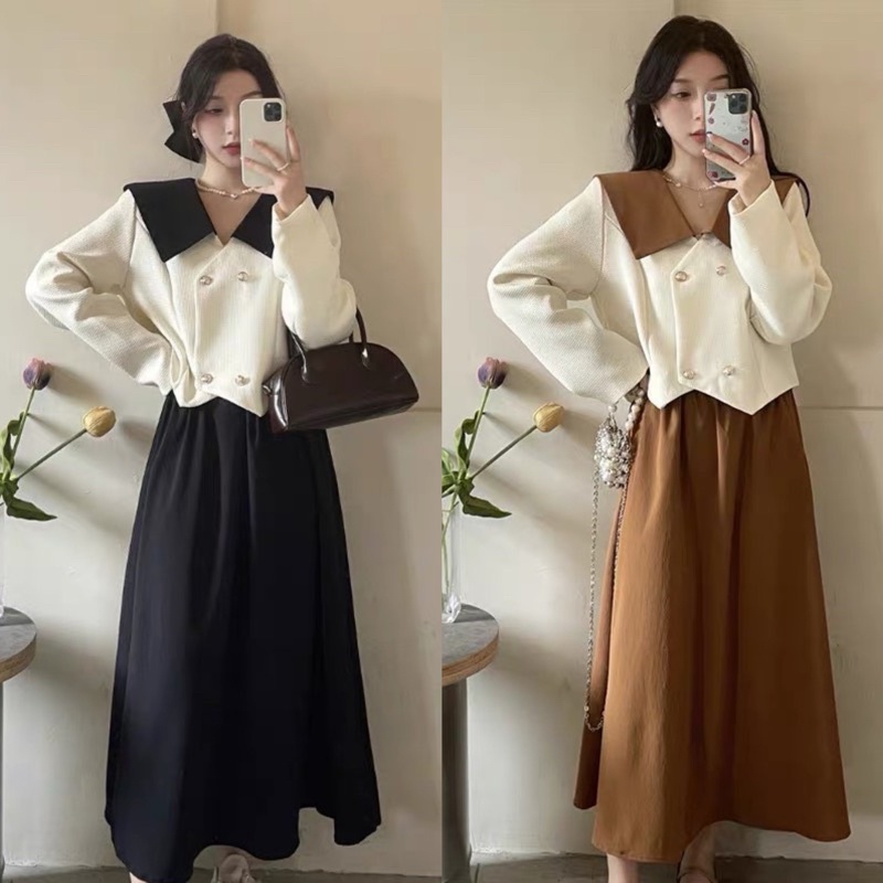 Set Áo Dạ Pha Cổ Mix Chân Váy Nhung 2 Màu Siêu Xinh Có Ảnh Thật
