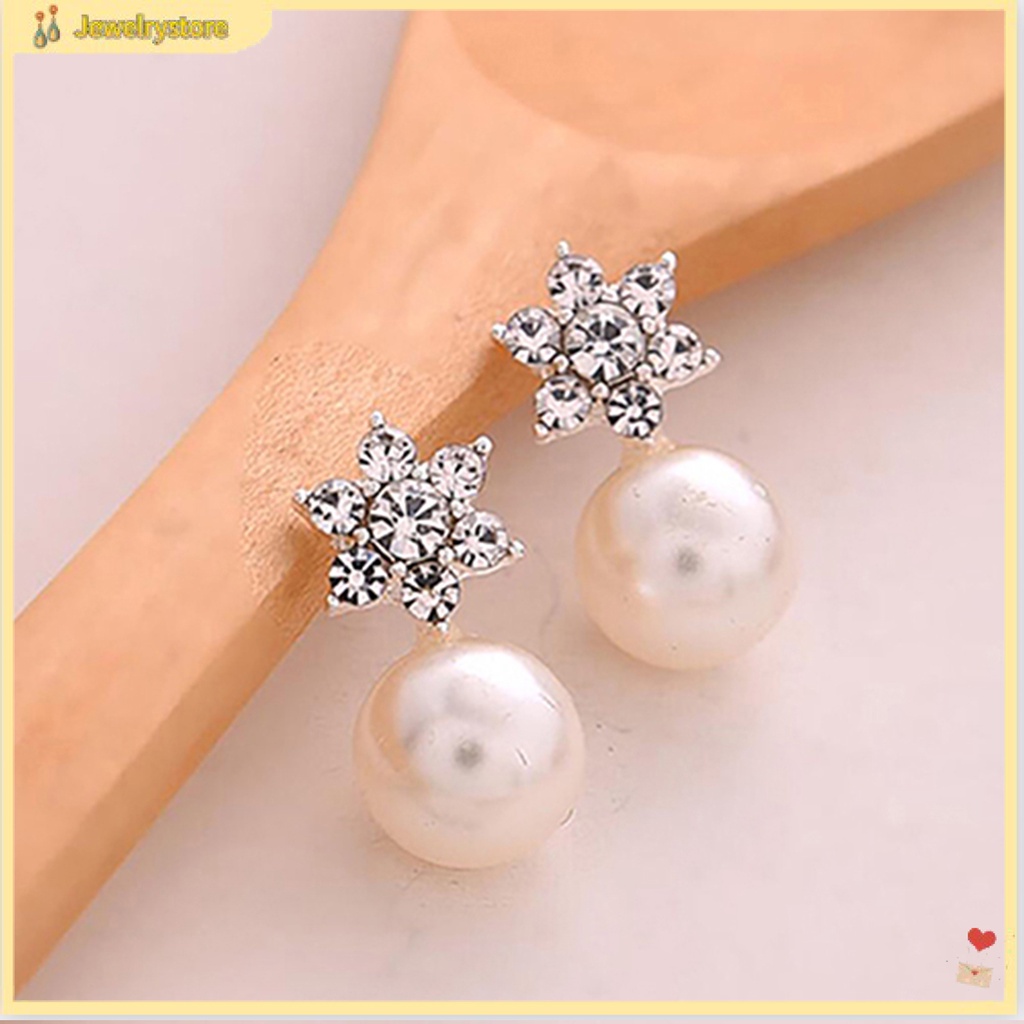 (jewelrystore) Đôi khuyên tai đính đá và ngọc trai nhân tạo thanh lịch dành cho nữ