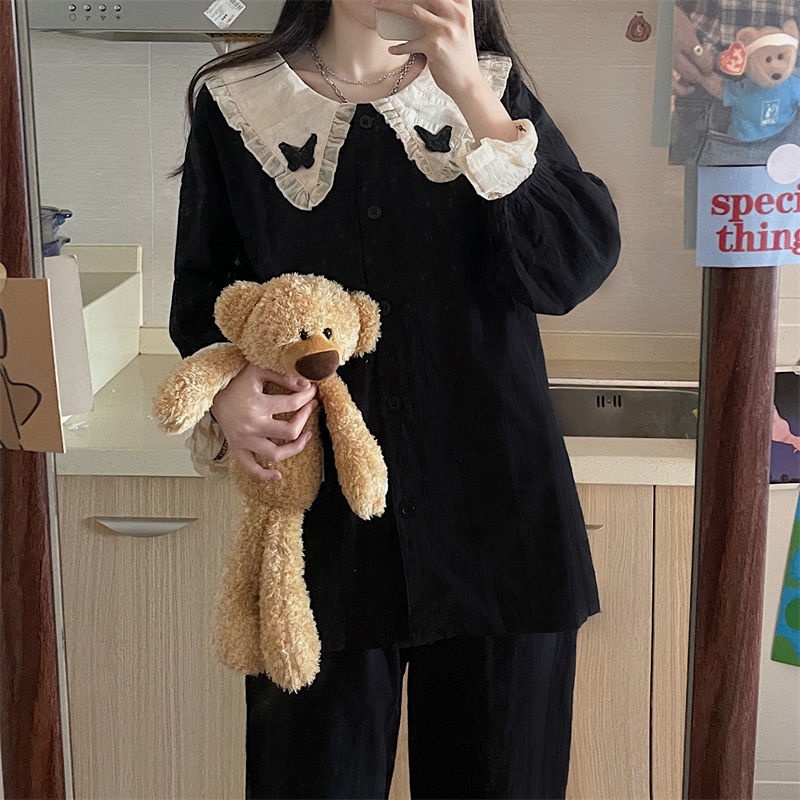 Bộ Đồ Ngủ Dài Tay Màu Đen Đính Nơ Thời Trang Xuân Thu Cho Nữ