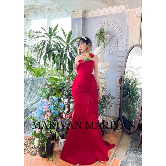 Đầm cưới MARIVAN đuôi cá xẻ phối vây 2in1 đỏ thắm