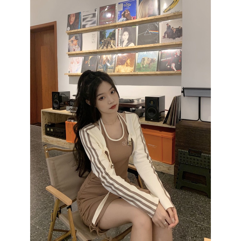 Jiashucheng Đầm Dài Tay Cổ Yếm Họa Tiết Kẻ Sọc Kèm Khăn Choàng Ôm Dáng Thời Trang Cho Nữ