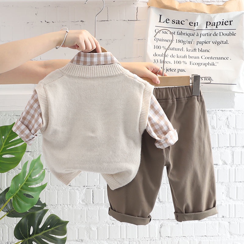 Bộ Áo Sơ Mi Dài Tay + Áo Khoác Ghi Lê Dệt Kim Thời Trang Xuân Thu Cho Bé Trai
