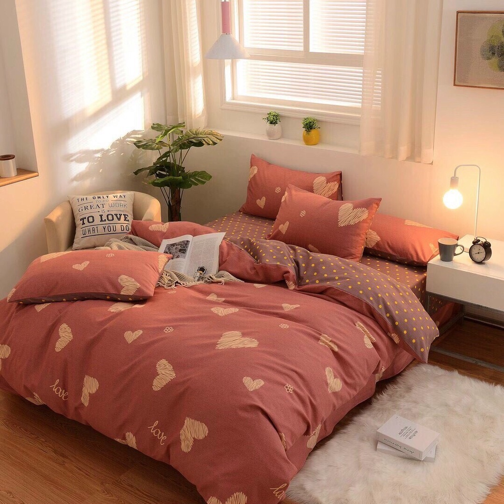 Bộ chăn ga gối cotton poly 5 món MD.Decor - Bedding họa tiết trái tim dễ thương nhiều kích thước nệm m6 m8