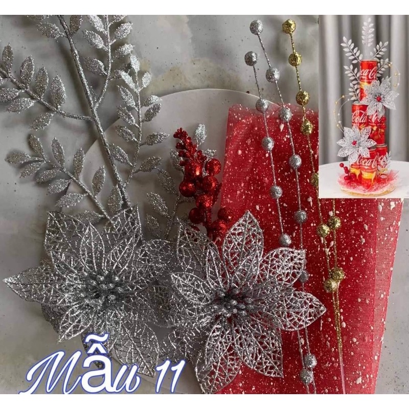 Phụ kiện hoa trang trí noel, tết, trang trí giỏ quà, tráp bánh , oản, nước