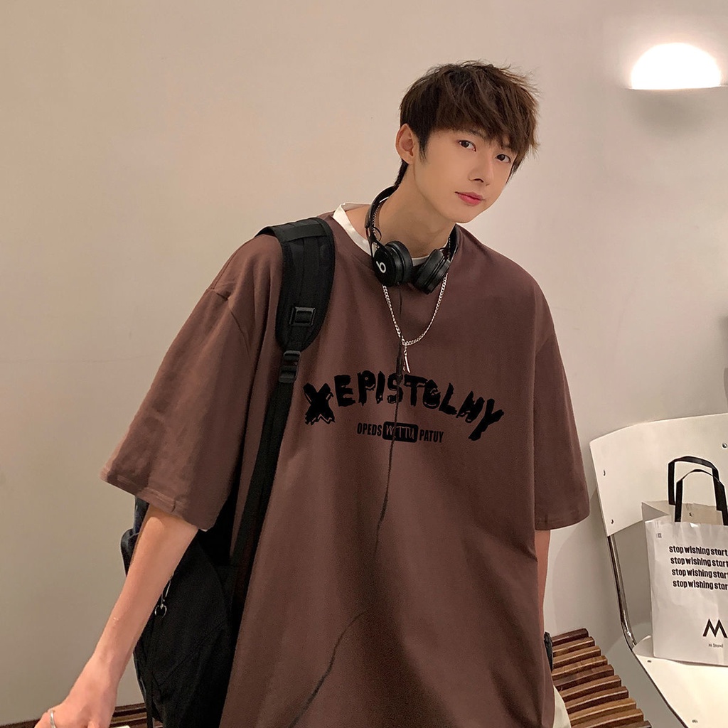 Nâu Màu Cà Phê Áo Thun Nữ Tay Ngắn Nam Thương Hiệu Thời Trang Mùa Hè Mỹ Retro Nửa Tay Cặp Đôi Khi Mặc