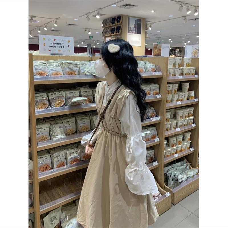 Váy babydoll váy mùa đông cho nữ váy dài Áo Sơ Mi Tay Phồng + Váy Xòe Bồng Bềnh Xếp Ly Cỡ Lớn Phong Cách Preppy Cho Nữ Sinh