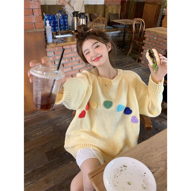 Áo Sweater Dệt Kim Tay Dài Cổ Tròn Dáng Rộng Thời Trang Thu Đông Dễ Thương Cho Nữ