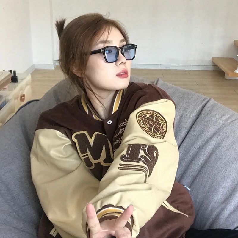 Áo khoác bomber Varsity Jacket phối tay da chữ M màu nâu cực chất